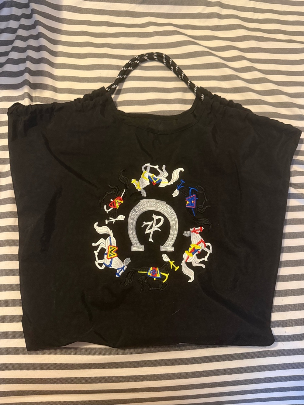 Embroidered Carousel Horse Drawstring Tote Bag Black Large Travel Beach Gym Bag